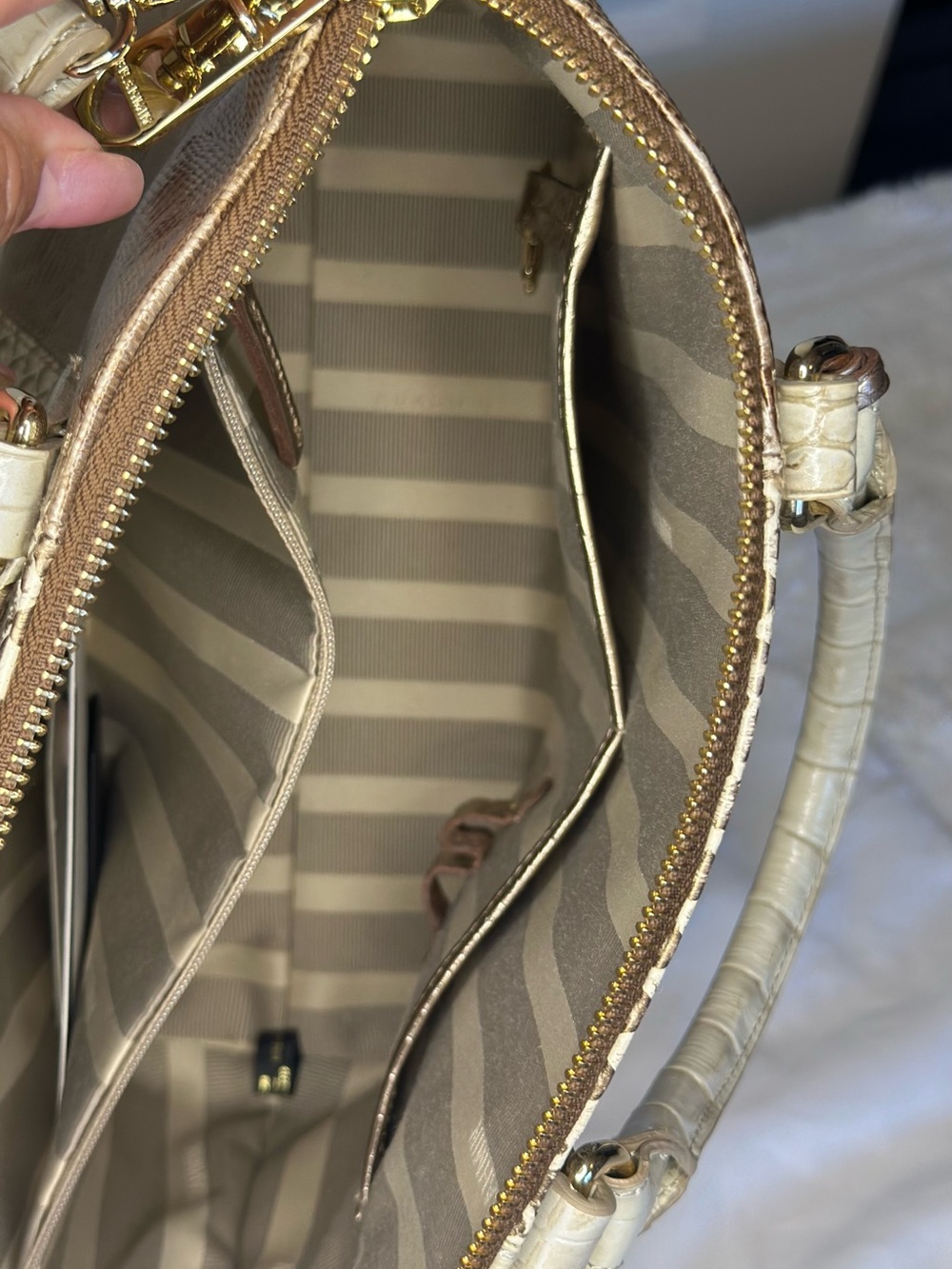 Brahmin Metallic Gold and Cream Croc-Embossed Satchel - Picture 5 of 5